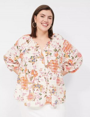 Dámské Halenka Lane Bryant 3/4-Sleeve Notch-Neck Tie-Front Oranžové Bílé | VZF4960OP