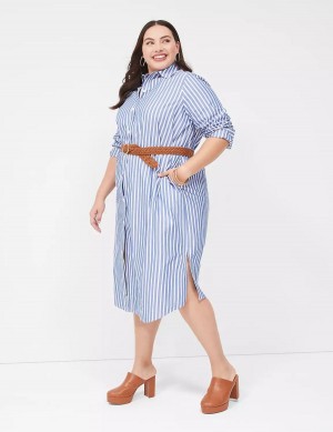 Dámské Košilové Šaty Lane Bryant Long-Sleeveed Midi Blankyt Proužek | GNJ7793CH