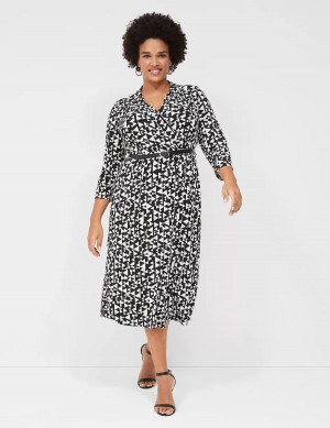 Dámské Midi Šaty Lane Bryant 3/4-Sleeve Collar Faux-Wrap Jersey Černé | ETS362KF