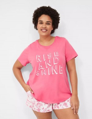 Dámské Pyžama Lane Bryant Comfy Cotton Rib-Trim Tee & Short PJ Set Růžové Bílé | GJW6694XI