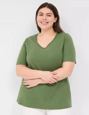 Dámské Tričko Lane Bryant Perfect Sleeve V-Neck Tee Hnědé Zelene | EKV9389MK