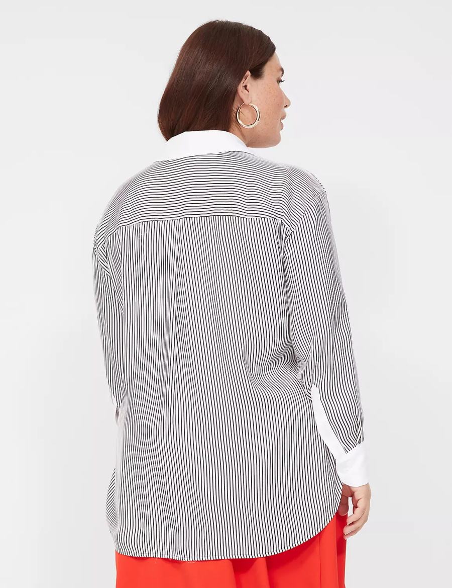 Dámské Košile Lane Bryant Satin Button-Down Boyfriend Černé Bílé Proužek | GIU6084DL