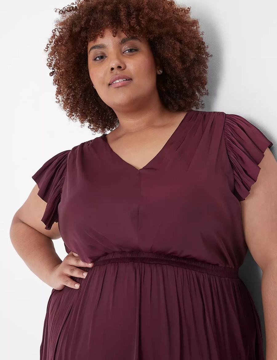 Dámské Midi Šaty Lane Bryant Flutter-Sleeve Shirred Vínové | DKH7165GH