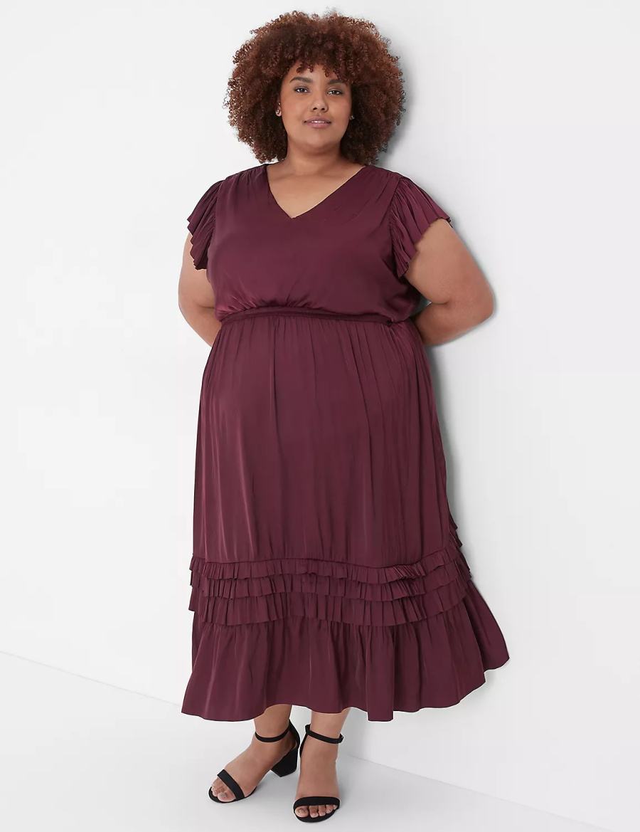Dámské Midi Šaty Lane Bryant Flutter-Sleeve Shirred Vínové | DKH7165GH