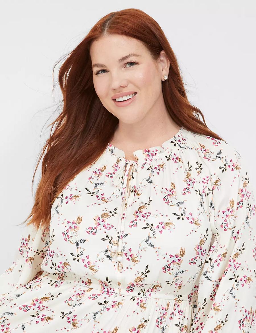Dámské Midi Šaty Lane Bryant Satin Blouson-Sleeve Tiered Krém Růžové | GNB5555YN