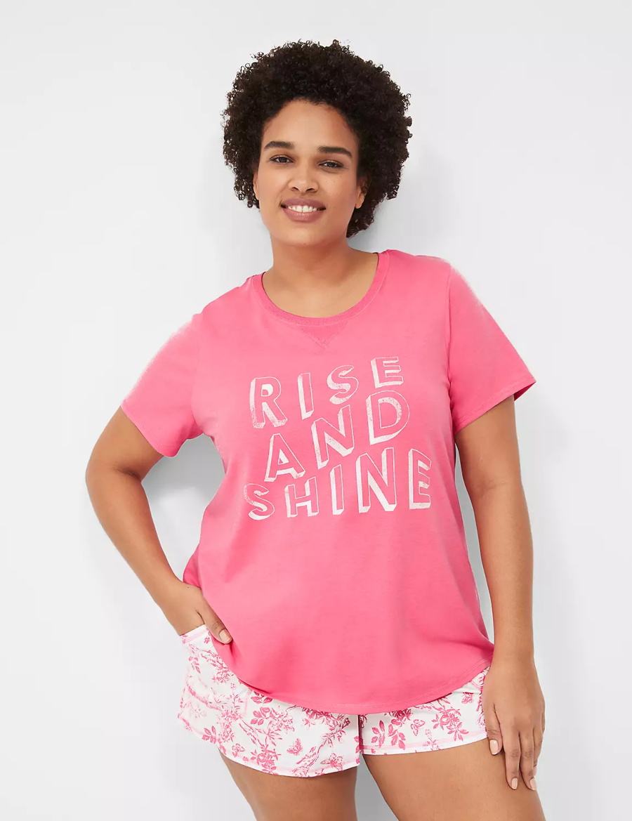 Dámské Pyžama Lane Bryant Comfy Cotton Rib-Trim Tee & Short PJ Set Růžové Bílé | GJW6694XI