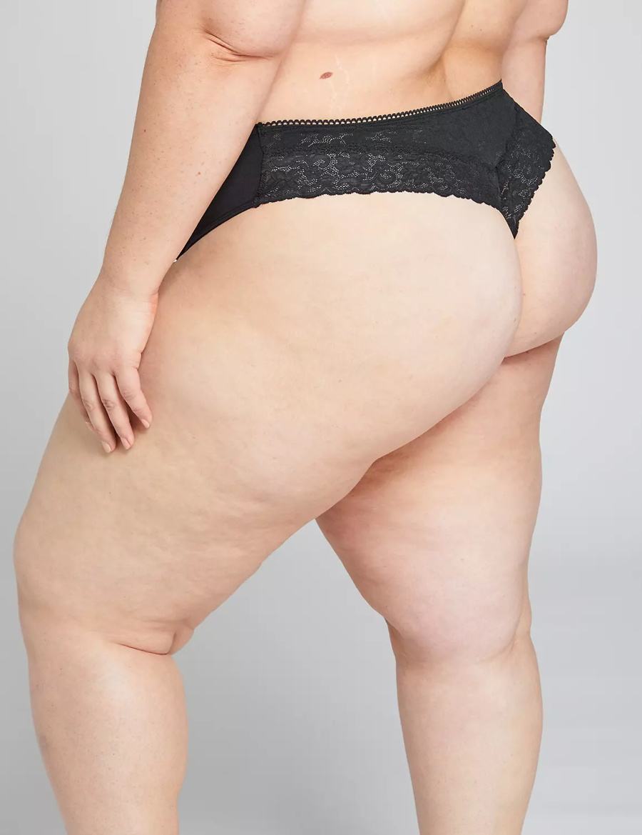 Dámské Tanga Kalhotky Lane Bryant Cotton With Lace Back Černé | CPH5139MH