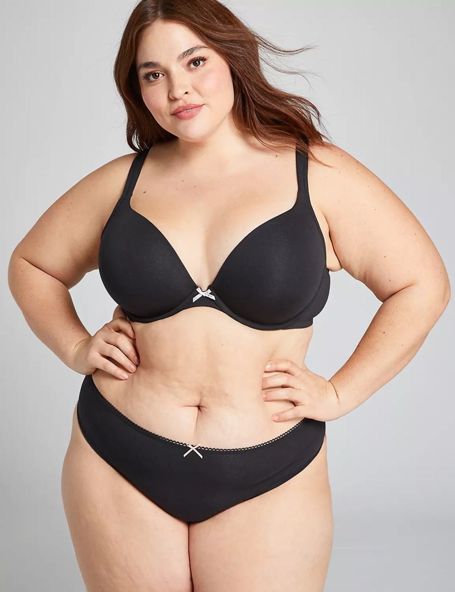 Dámské Tanga Kalhotky Lane Bryant Cotton With Lace Back Černé | CPH5139MH