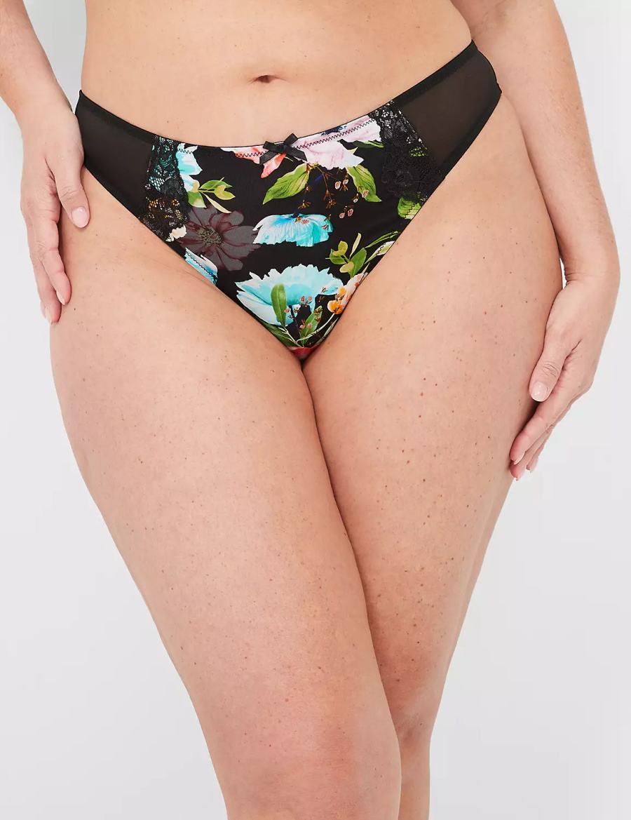Dámské Tanga Kalhotky Lane Bryant Printed Lace-Trim Černé | ILC612BX