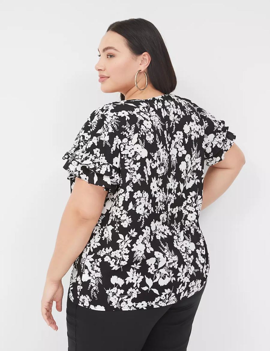 Dámské Tričko Lane Bryant Flutter-Sleeve Crew-Neck Top Černé | MGO558YV