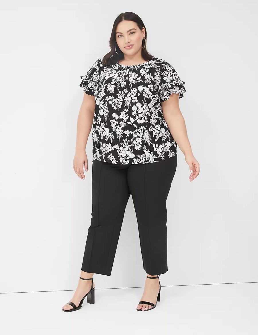 Dámské Tričko Lane Bryant Flutter-Sleeve Crew-Neck Top Černé | MGO558YV