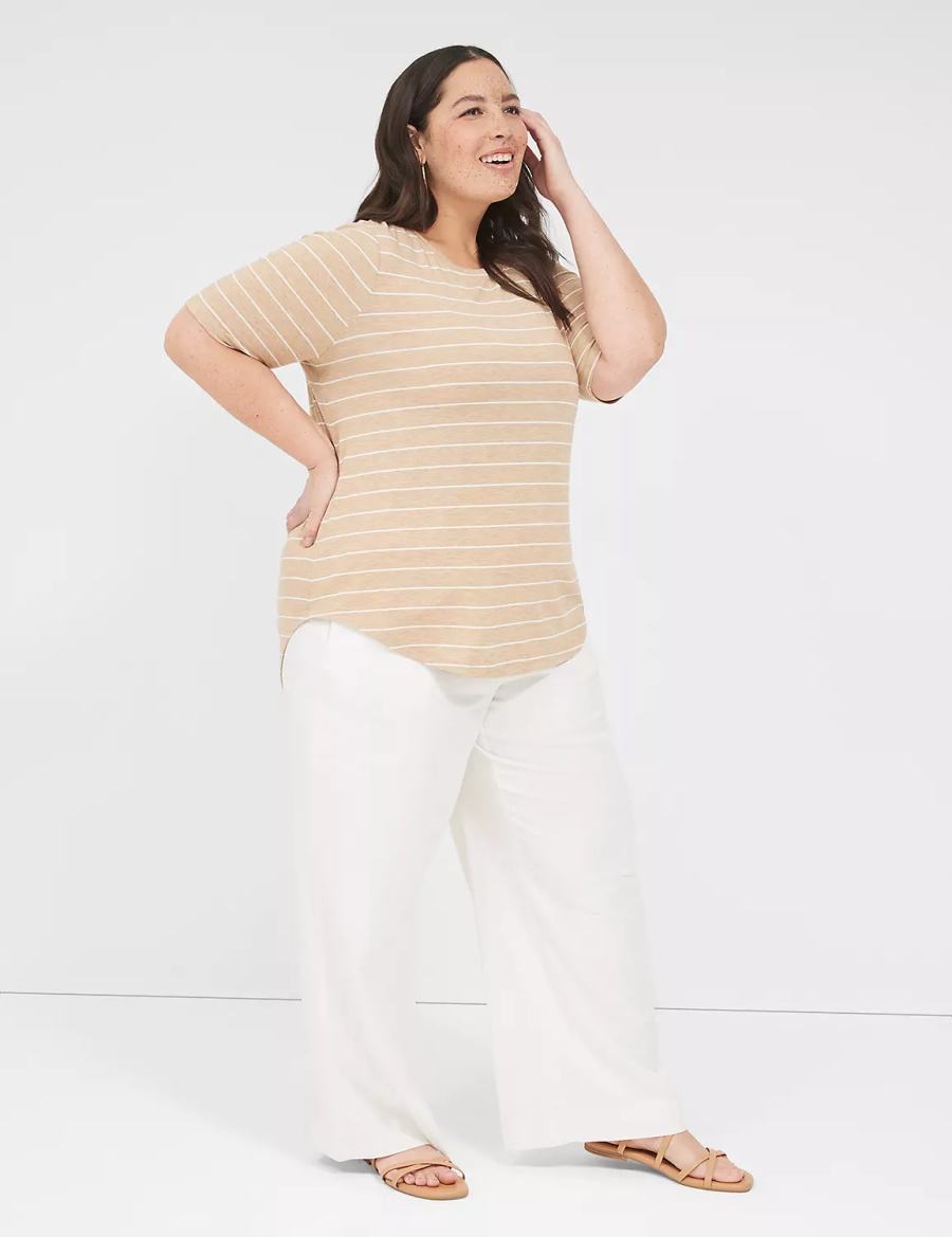 Dámské Tričko Lane Bryant Lurex Perfect Sleeve Crew-Neck Tee Hnědé Proužek | YRJ1998QI