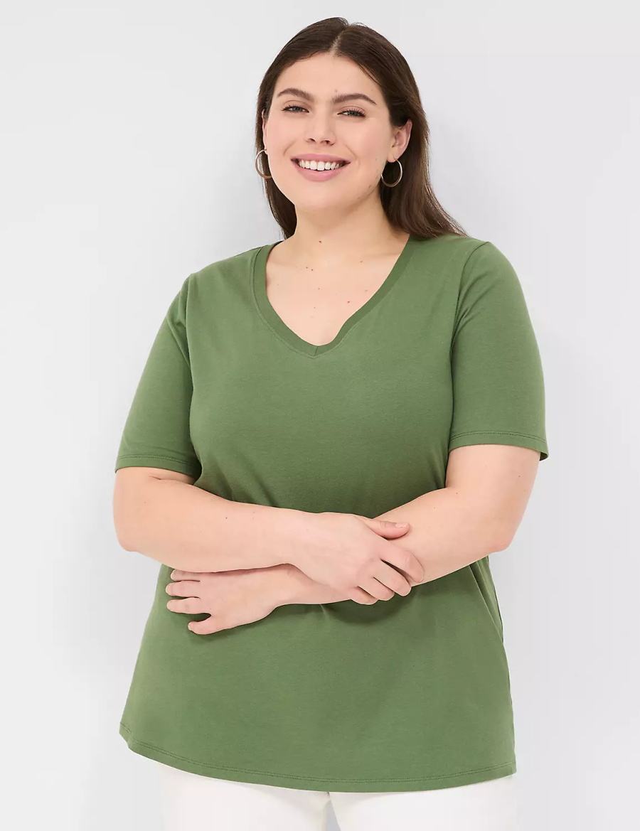 Dámské Tričko Lane Bryant Perfect Sleeve V-Neck Tee Hnědé Zelene | EKV9389MK