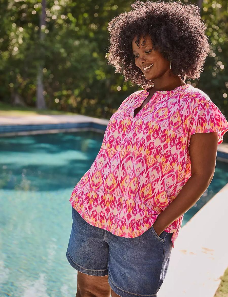 Dámské Tričko Lane Bryant Relaxed Notch-Neck Woven & Knit Top Růžové | GBW510GA
