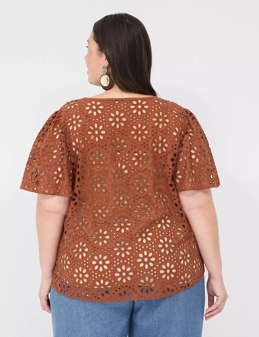 Dámské Tričko Lane Bryant Sheer Flutter-Sleeve Eyelet Top Hnědé | WJQ804QV